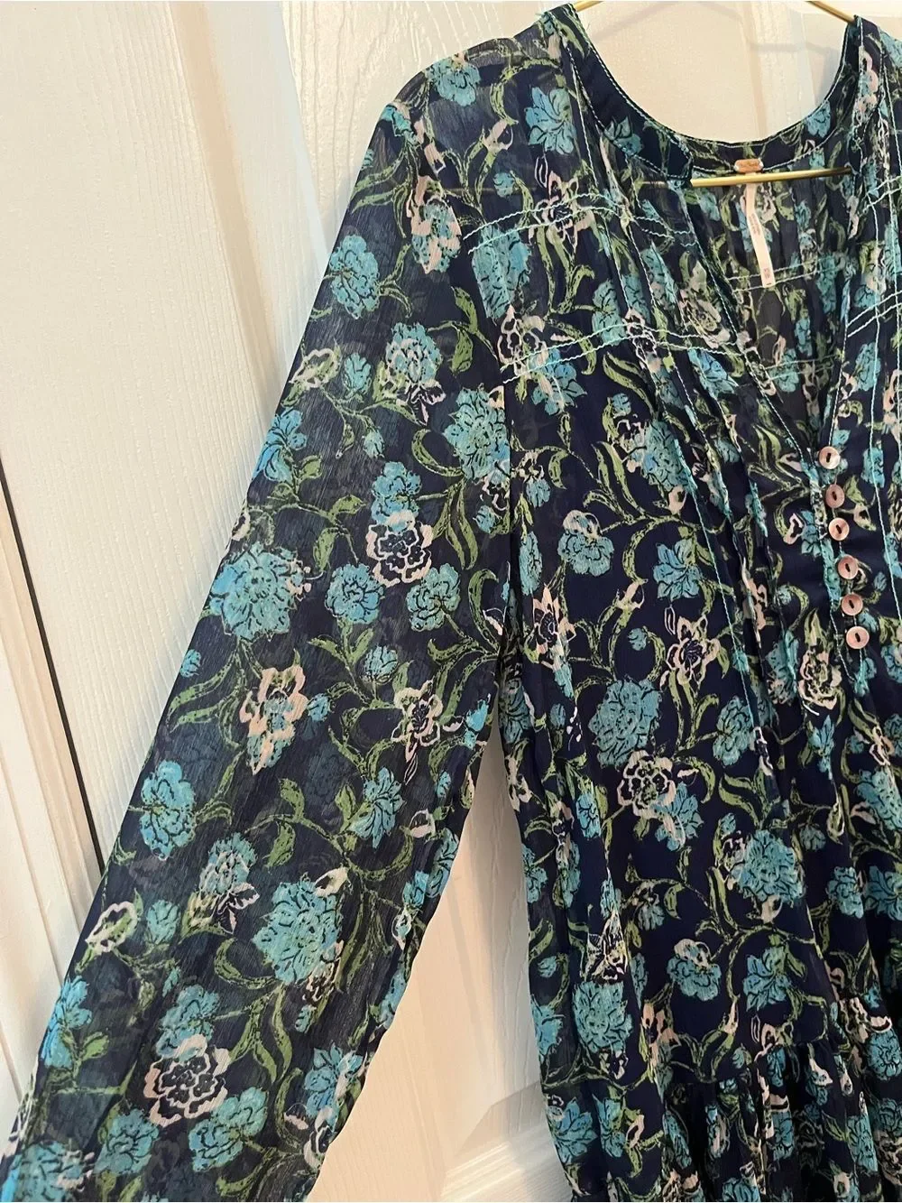 Free People Navy Blue Floral Boho Maxi Dress XS Cottagecore Festival Midi Maxi